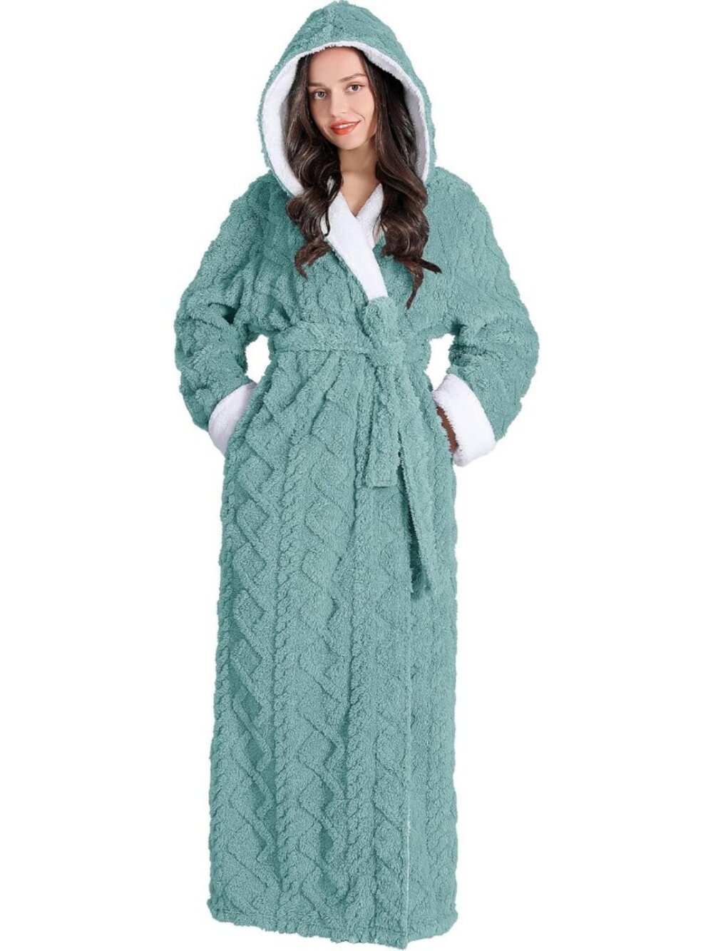 Cozy Plush Long Hooded Fleece Bathrobe for Women - Soft Warm Luxury Robe